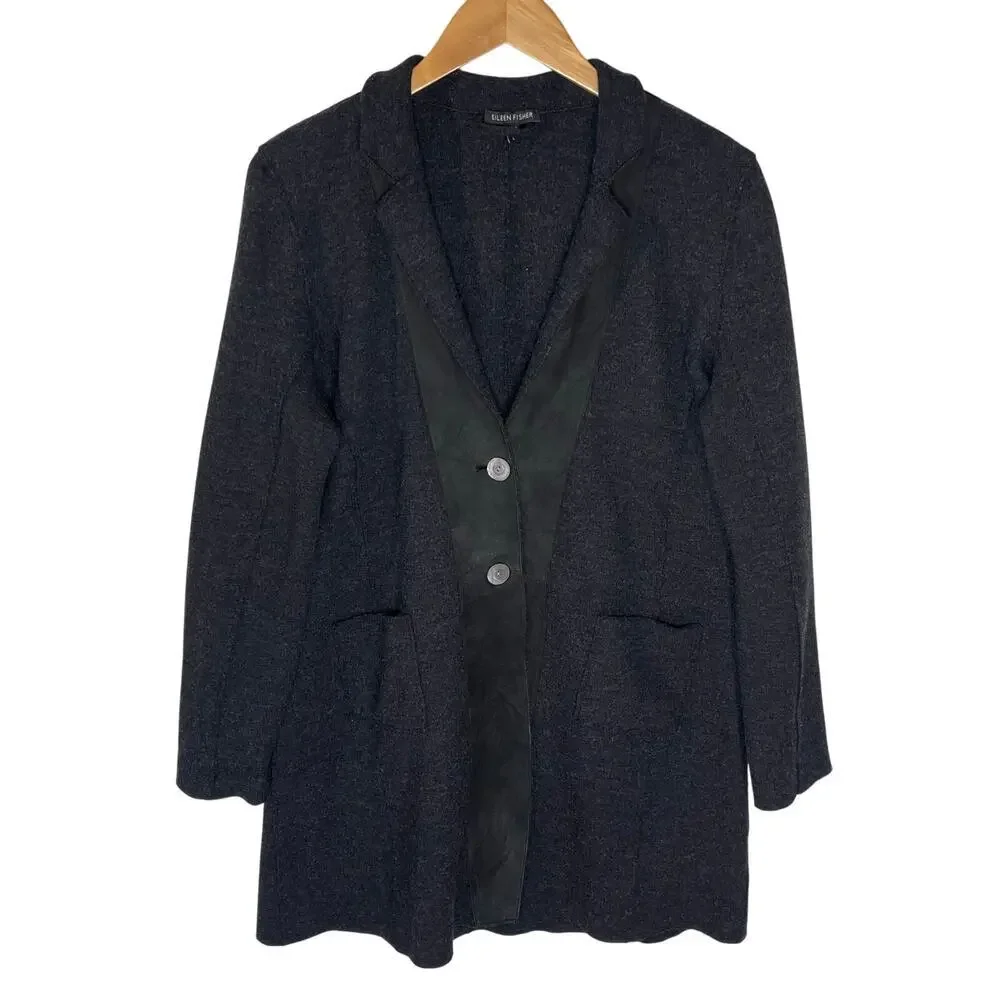 EILEEN FISHER Women’s Leather Trimmed Boiled Wool Double Button Trench